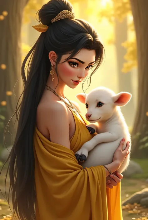 "Depict a mid level camera shot of A beautiful young sage woman with long, flowing black hair, tied in an elegant bun with a golden accessory, wearing a yellow traditional outfit draped over one shoulder. She has warm brown eyes, and a serene, wise express...