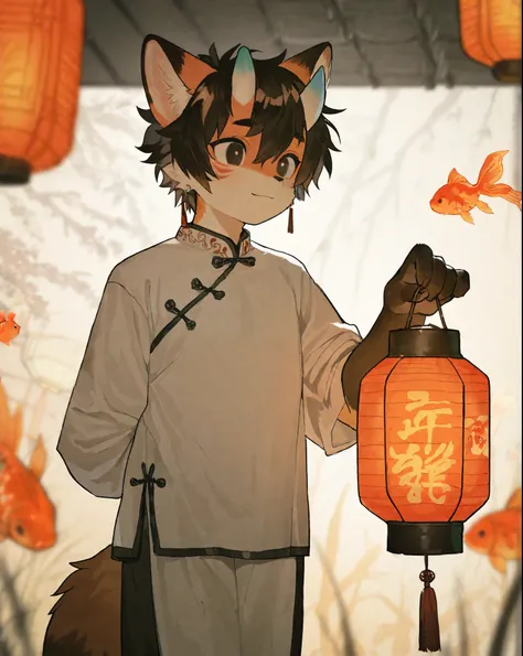 source_ furry， furry male，elementary school students，((boy )),fox boy ,short hair,masterpiece, newest,absurdres, incredibly absurdres, bright eyes, detailed eyes,short hair， happy, closed mouth,  horns, looking at object, looking at lantern, holding lanter...