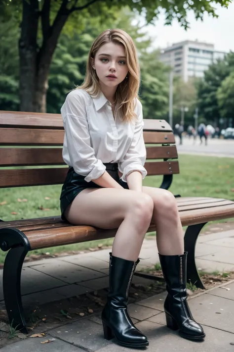 Realistic full body photo of a woman who looks like Chloe Moretz wearing a white blouse and a black mini skirt with her legs crossed wearing black boots and sitting on a bench in a park