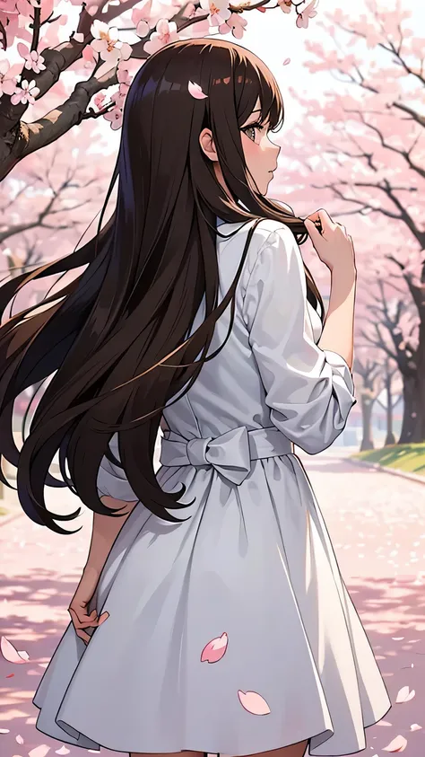 White dress with back cover.  back view.  girl with long brown hair. On a hill. Cherry blossom tree . cherry blossom petals. 's hair twirls. I'm watching Merrihur.