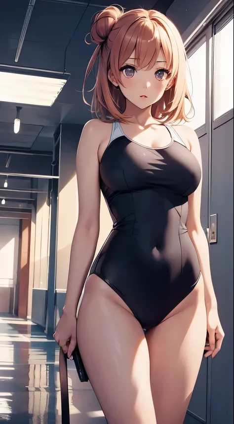 1girl, solo, masterpiece, best quality, high res, highly detailed, (illustration), beatiful detailed eyes, yuigahama yui, single hair bun, glossy lips, light makeup, standing, school hallway, one-piece swimsuit, shocked, surprised, cowboy shot, from below