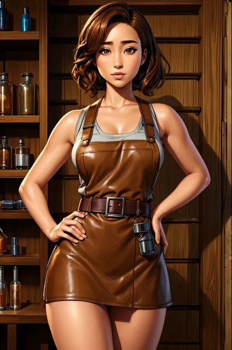 1girl, Japanese woman, Amandla Stenberg, Allison Scagliotti, leather apron, alchemist, brown eyes, sexy., potions, vials, belts, pouches