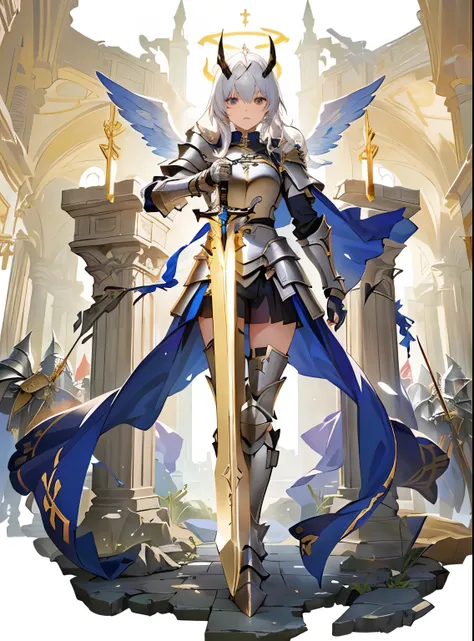  female character ，Standing picture， two-dimensional，Anime figures with swords and armor stand in front of a wall, holy Paladin,  Fate Grand Order ,  Arthur Pendragon , Inspired by Mr. Li Jun ,  Angel Gold Armor , Key Anime Art, gold Paladin, detailed Key ...