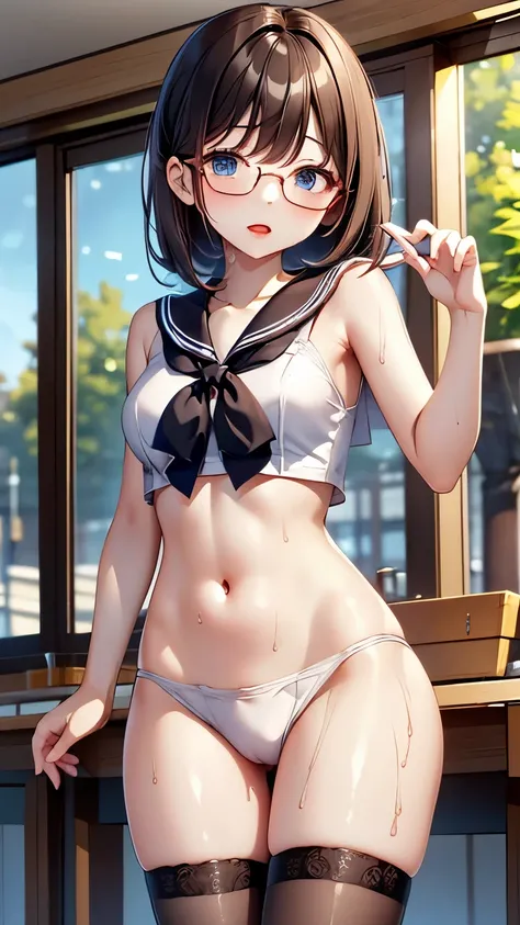    top quality，8k，18 years old、Women、 sailor suit、 miniskirt、 knee-high stockings 、 Slim、 round glasses、 straight hair、 big ass、Meaty thighs、 raised pubic mounds 、Directly facing、 open her legs、 、 wet body 