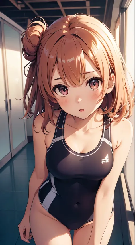 1girl, solo, masterpiece, best quality, high res, highly detailed, (illustration), beatiful detailed eyes, yuigahama yui, single hair bun, glossy lips, light makeup, standing, school hallway, one-piece swimsuit, shocked, surprised, (from below)