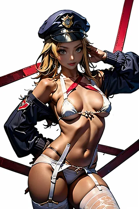  (((青い police cap)))、ガンホルスター、メガネ、(((Micro bikini with )))、(((Very sexy)))、((( police belt)))、(((Wear white full harness )))、(((   garter belt)))、((( strings for combat)))、Belly button、alone、(((background white background )))、 slender body、background white ...