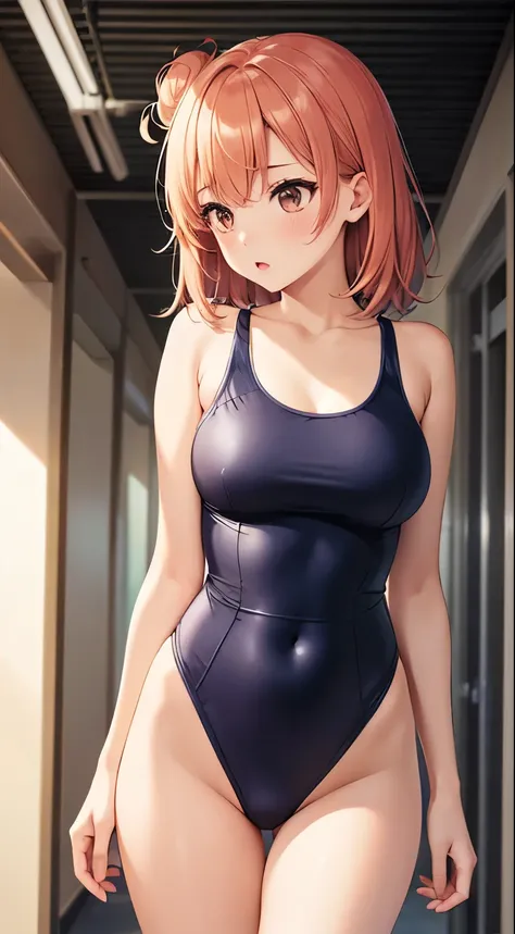 1girl, solo, masterpiece, best quality, high res, highly detailed, (illustration), beatiful detailed eyes, yuigahama yui, single hair bun, glossy lips, light makeup, standing, school hallway, one-piece swimsuit, shocked, scared, (from below)