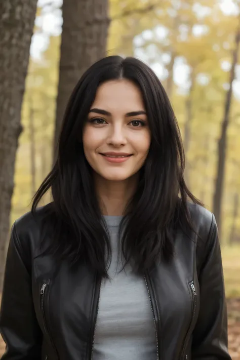  photo of a woman ( calm facial expression),  ultra textured leather, goosebumps,  Black hair,  fur-lined jacket with skinny jeans,  around big beautiful trees , create a cozy feeling ,  perfect eyes and a smile ,