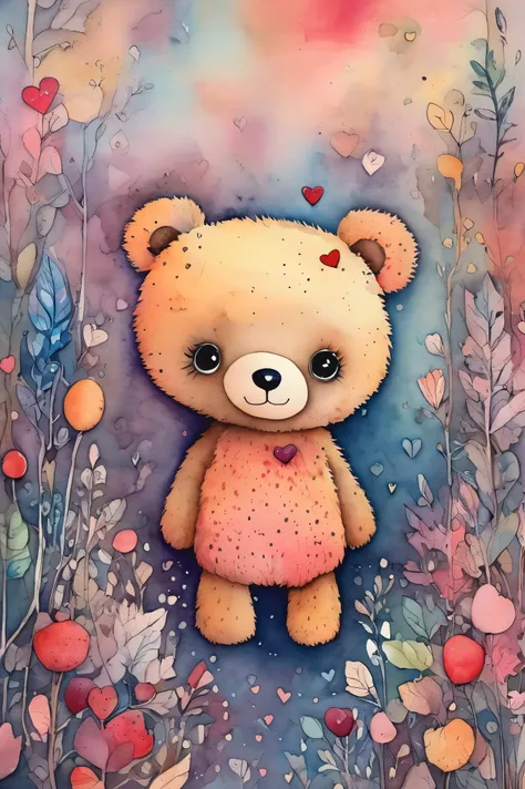 Simple drawing, simple lines, super surreal, colorful, watercolor, minimalist, valentines day, stuffed bear, super detailed and precise, masterpiece, face only, funny, shy, complex background, chaotic, dreamy, fuzzy, dark fantasy art