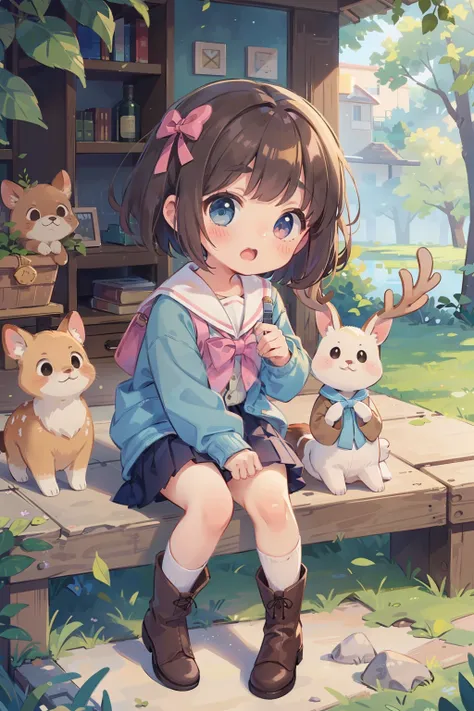 (      top quality , portable ,     very well detailed  ),     girl，deer，ピンクのふわふわのhair \(\),    hair,        short bob cut      ,     Thick eyebrows ，      Long Sleeve Sailor Suit ， pleated skirt， light blue ribbon ， pink cardigan， brown boots，Ram&#39;s ho...