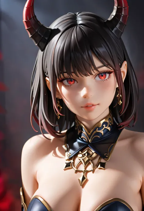 (best quality,4k,8k,highres,masterpiece:1.2),ultra-detailed,(realistic,photorealistic,photo-realistic:1.37),1girl,beautiful detailed eyes,beautiful detailed lips,extremely detailed face,longeyelashes,black hair,red eyes,demon horns,intricate detailed cloth...