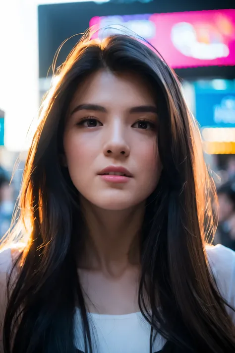 streaked hair, gradient hair, chiaroscuro, depth of field, cinematic lighting, film grain, Fujicolor, UHD, super detail, ccurate, masterpiece, award winning, best quality, anatomically correct, realstic,girl,1 female detailed face time square detailed back...