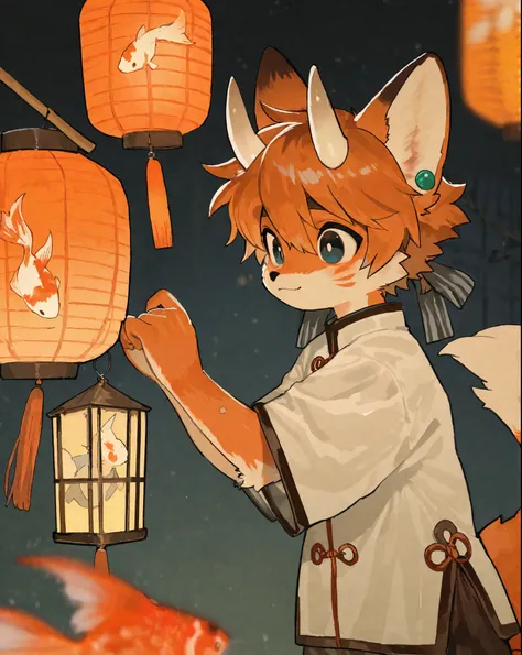 source_ furry， furry male，elementary school students，((boy )),fox boy ,short hair,masterpiece, newest,absurdres, incredibly absurdres, bright eyes, detailed eyes,short hair， happy, closed mouth,  horns, looking at object, looking at lantern, holding lanter...