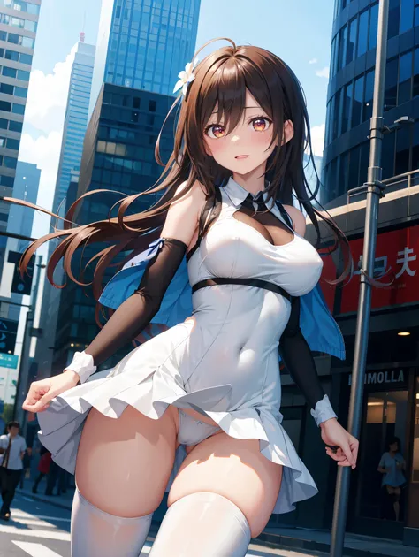  one woman、(( top quality)), ( Hi-Res), (( very detailed that ))、( Masterpiece)、A beautiful woman who looks like an adult、She is wearing tight, transparent young lady clothes, a bra, and cute panties、(I'm wearing knee-high stockings)、(Dancing in the city)、...