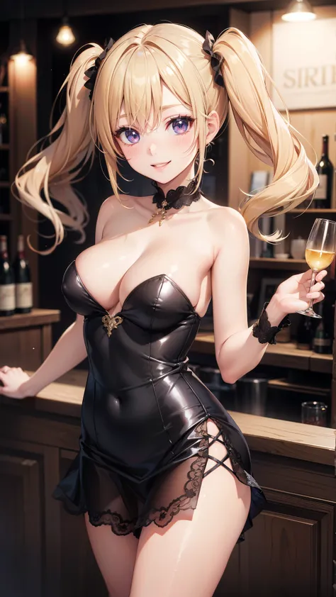 masterpiece, best quality, insanely detailed, 1girl, standing, blonde hair, twintails, looking at viewer, glossy lips, medium breasts, beautiful detailed eyes, smile, happy, tight strapless minidress, party, drunk, blush