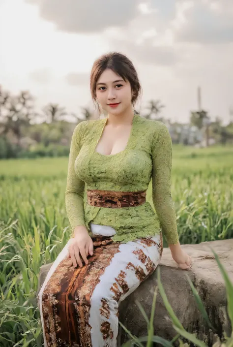 A beautiful Korean girl,slightly fat, dreadlocks hair,wearing green batik kebaya and white batik bottoms medium, sitting relaxed in the edge of paddy rice fileds in the evening during sunset with Indonesian farmers young man hansome, atletic body and c...