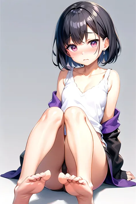  cute Japanese woman、 illustration、Fair skin、(((Black Hair)))、Bob、E Cup、(( white v-neck sweater ))、(( purple panties))、 earrings、(Embarrassed face)、(((((blush)))))、(( angle from front))、(( can you see your feet ))、((Light Blue Wallpaper))、((scenery BREAK))