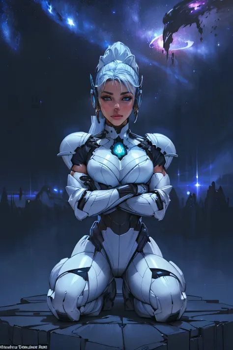 ROH,  1 girl, color, ((white matte armor , blue lights )), ( masterpiece,   rolled up  ), (:1.5) ( Detailed skin:1.3,  detailed face :1.3), dslr,  realistic, ((( seductive pose ,  detailed galaxy landscape))), tender,  soft colors ,  cinematic light 