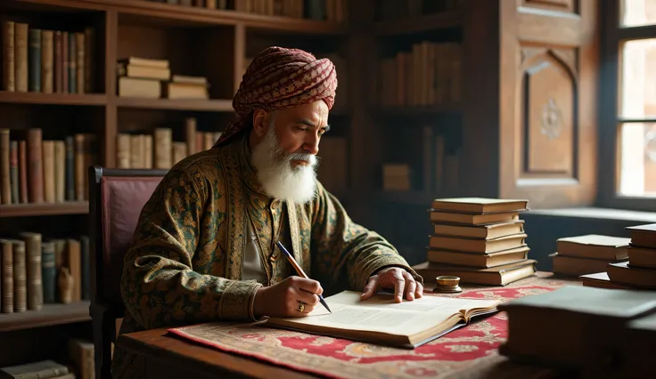 In the quiet and serene setting of his study room, Abul Fazal Alami is immersed in his work, surrounded by books, scrolls, and manuscripts. The room is spacious and richly decorated, reflecting the intellectual culture of the Mughal court. The wooden shelv...