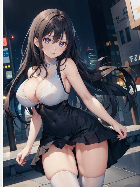  one woman、(( top quality)), ( Hi-Res), (( very detailed that ))、( Masterpiece)、A beautiful woman who looks like an adult、She is wearing tight, transparent young lady clothes, a bra, and cute panties、(I'm wearing knee-high stockings)、(Dancing in the city)、...