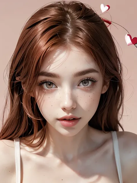 Beautiful girl; (Red hair, with a nice bow); (honey colored eyes, pretty eyes, big eyelashes and thin cute eyebrows, full lips, Cupid and Heart shaped lips, pink and pretty lips); (pale white skin with pink tones; freckles and moles all over the body); (cu...