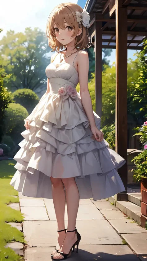 Iroha Isshiki, slender body, solo, medium Brown hair, disheveled hair, lips parted, garden, layered wedding dress, jewelry, necklace, standing, heels