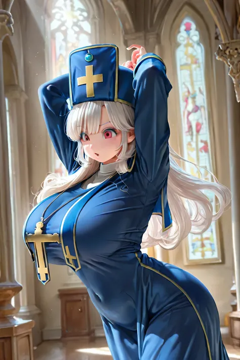 huge breasts , ((1 girl)), (dynamic synthesis from bottom: 1.3), white hair, ((masterpiece, highest quality, highest image quality, Dragon Quest, high resolution)), young beautiful girl, (((Priest))),blue monk's robe, bishop's cap ,very delicate hair , hai...