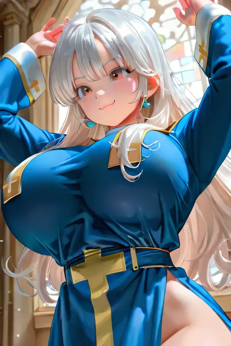 huge breasts , ((1 girl)), (dynamic synthesis from bottom: 1.3), white hair, ((masterpiece, highest quality, highest image quality, Dragon Quest, high resolution)), young beautiful girl, (((Priest))),blue monk's robe, mitra ,very delicate hair , hair over ...