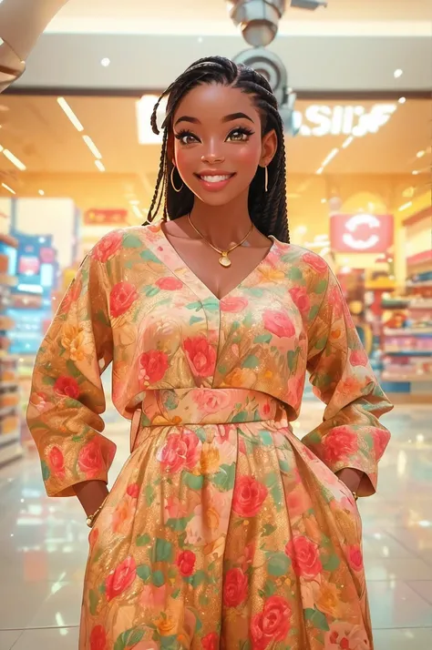 there is a woman standing in a store with a smile on her face, in style of nadine ijewere, appearing in a shopping mall, in style of davey adesida, inspired by Tadashige Ono, wideangle portrait, by Ingrida Kadaka, inspired by Ingrida Kadaka, inspired by Ch...