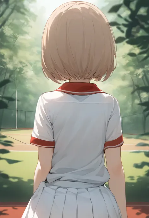  Masterpiece,  top quality,  Hi-Res , Flappy Short Bob 、 light brown hair、 big eyes、 slightly baby-faced  、  Light Brown Eyes、 high school girl、 tennis uniform with bright red and white coloring、back of head、forest、 point of view。 back view、 back shot