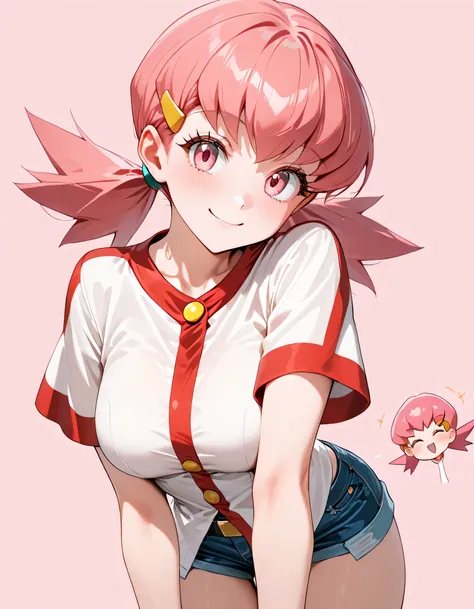 (((   top quality))), (    Details), 8k ,   hyperbust   ,1 person ,   Perfect Eye , zzWhitney, pink eyes, pink hair, pigtails, hair clip, white shirt, denim shorts, cute pose ,smile