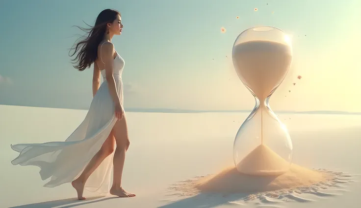 A gorgeous Vietnamese sexy woman walking barefoot on an endless white sand beach. The sand sparkles under the sunlight, and a giant hourglass appears in the distance. She touches the hourglass, and it dissolves into thousands of glowing sand particles, for...