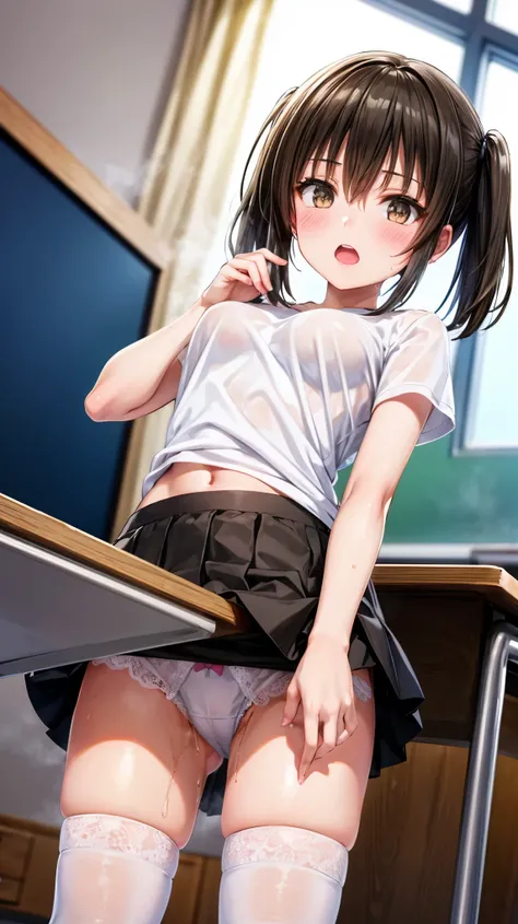 best quality,1girl,((((loli,10歳)))),small breasts,((ツリ目,orgasm,blush,sweat,steam:1.3)),yui kotegawa, black hair, (brown eyes:1.5), short hair, (twintail), hair ribbon, ((black skirt,white t-shirt, short sleeves:1.3)),((lift skirt,upskirt,white panties,lace...