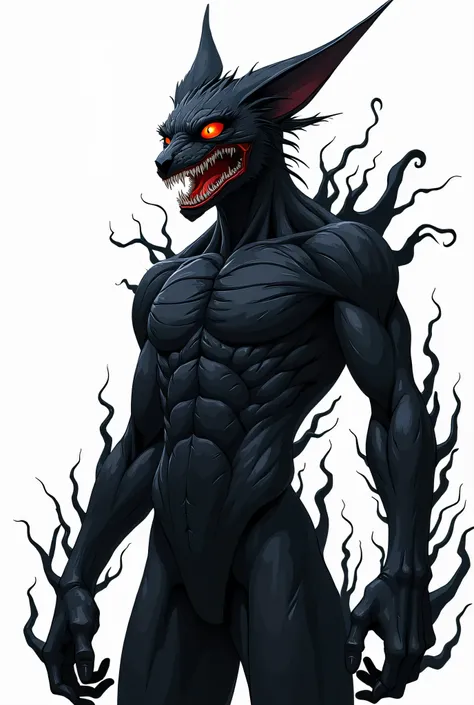 Anime, humanoid, tabaxi, anthropomorphic, red eyes, slim, thin, serious look, mature, male, man, venom, symbiote, venom symbiote, black, ooze, black ooze, savage, tons of teeth, pointy teeth, venom teeth, venom covers full face, full monster face, ooze cov...