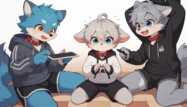   in great detail having fun in great detail,gray hair and gray fur , blue fur ,blue wolf, shemono,Age 15,Participation, red collar on the floor,  cute face,  fluffy fur ,The three cute furries dance ！Horny boy , white background,  embarrassed face,cute gr...