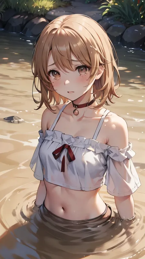 Iroha Isshiki, slender body, solo, medium Brown hair, disheveled hair, lips parted, crop top, off the shoulder, upset, tears in her eyes, (quicksand, partially submerged), choker