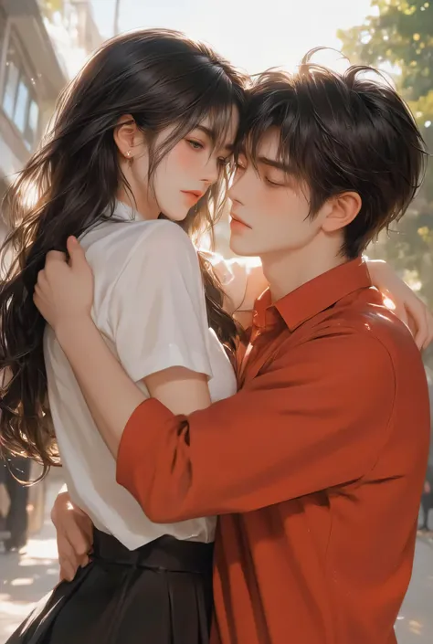 Male engineering student Wearing a red shop shirt, sitting and hugging a female student, wearing a student uniform and an A-line skirt.