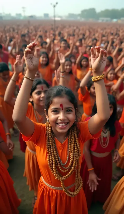 A vast open field filled with boys and girls joyfully dancing with their hands raised in the air. Each  has a red tilak (vermilion mark) on their forehead and wears a Rudraksha mala around their neck. The scene is vibrant and full of energy, with tradition...