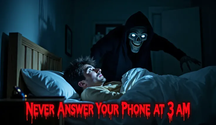 
"A dark, eerie bedroom at exactly 3 AM. A phone lies on a nightstand, its screen glowing with an incoming call from 'Unknown Caller' in flickering red text. The person in bed is frozen with fear, gripping the blanket, wide-eyed, their face illuminated by ...