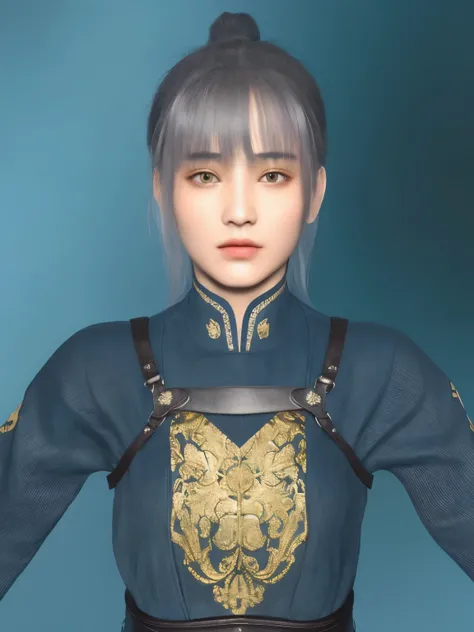  close-up of a person dressed in blue and gold inspired by Chen Lu,  8K portrait rendering , Inspired by Wang Meng ,  highly detailed characters ,  Female Protagonist, Spirit medium,  close-up character ,  inspired by Han Gan, Inspired by Dicey ,  3D rende...