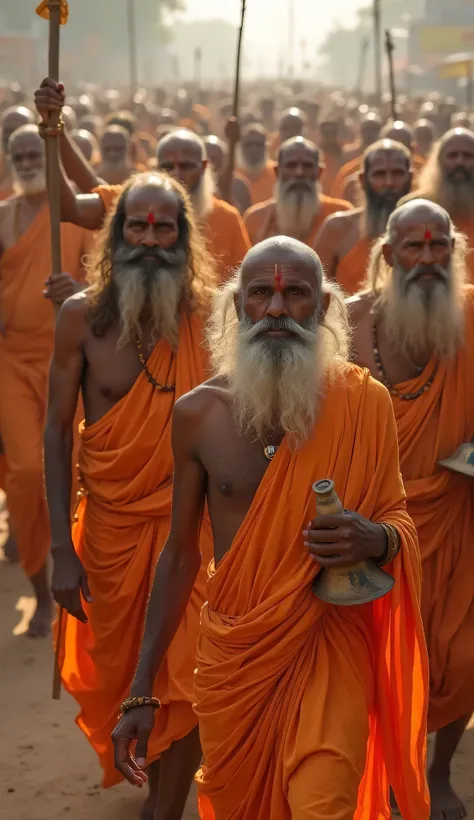 A grand procession of numerous sadhus (Hindu ascetics) walking together, dressed in traditional saffron or ochre-colored robes. Some have long, matted hair (jata), while others are bald. Many carry staffs or Trishuls, while some have their bodies smeared w...