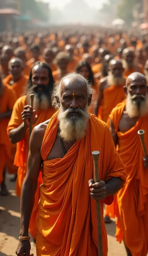 A grand procession of numerous sadhus (Hindu ascetics) walking together, dressed in traditional saffron or ochre-colored robes. Some have long, matted hair (jata), while others are bald. Many carry staffs or Trishuls, while some have their bodies smeared w...