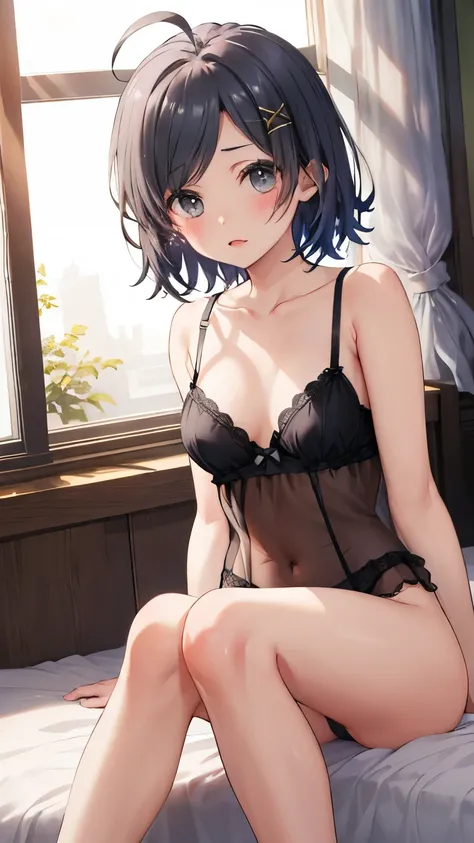 masterpiece, best quality, highres, aakomachi, short hair, ahoge, black eyes, hairclip, x hair ornament, glossy lips, sitting, bed, blush, lingerie