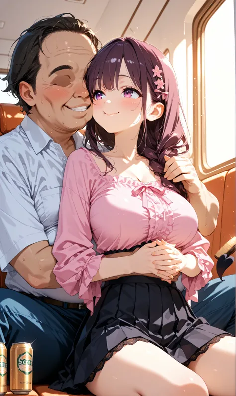 masterpiece, best quality, amazing quality, very aesthetic, (warm embrace:1.4),  1girl , big breasts, (cheek-to-cheek contact:1.2), (interlocked fingers:1.1), (watercolor:0.5), ( pastel:0.5),  in the seat,  dark hair with pinkish blurry highlights holding ...