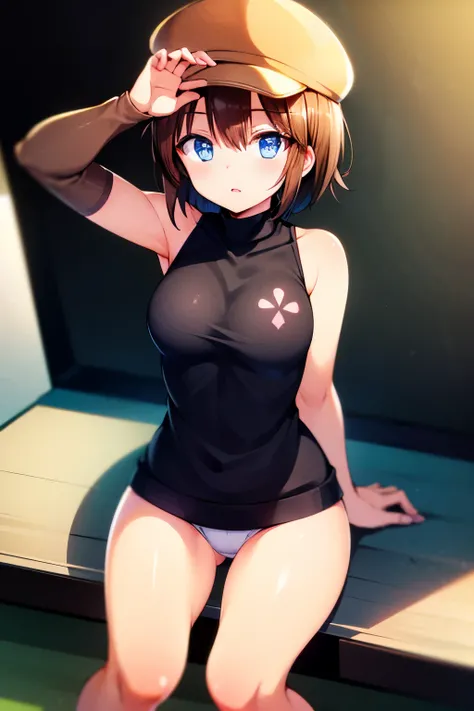   Masterpiece ,    top quality,    absurd,   ( in the seat , Helga Haruka   ,    blue eyes,    brown hair at the gym,    short hair ,  Brown hat,   black sweater that has been hit ,  sleeveless turtleneck,  plaid skirt ， white panties， ahe face,v sign)  , ...