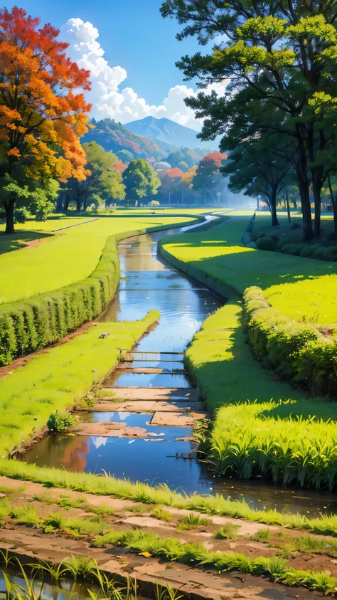 master piece,best quality, High Precision,japanese solar punk,irrigation canal,Rice field,field,autumn