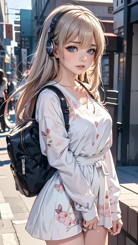 Anime girl with headphones and backpack looking at cell phone, Anime Style 4 k, (Very delicate and beautiful face), (Beautiful eyes in every detail), Digital anime art, Nightcore, Digital anime illustration, Anime Styled digital art, anime art wallpaper 4k...