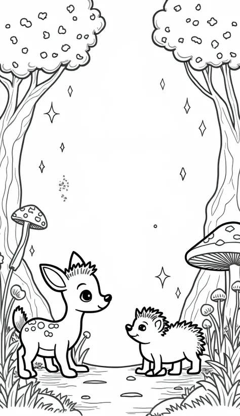 A cute baby deer and a hedgehog playing near a magical waterfall in an enchanted woodland. Mushrooms, flowers, and glowing fireflies surround them. Black and white line drawing for a ren's coloring book.