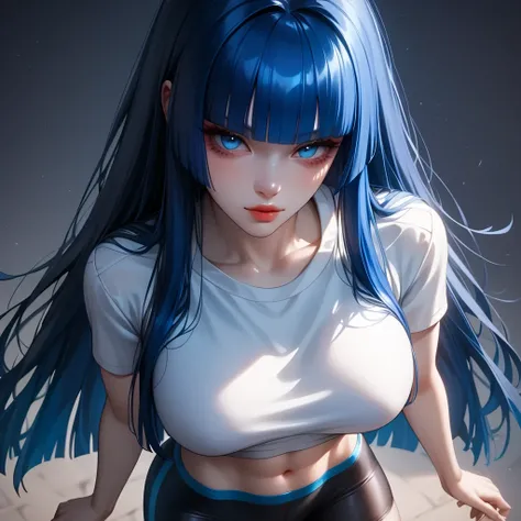 ((Thick dark hair ))、(blue inner hair ),、 Top Quality、 Masterpiece、( professional lighting )、 surreal、 (Nipples:0.4), is fascinating、 figure like a slender supermodel、 1 girl, (from above, upper body, look at viewer), (slightly larger breasts, midriff peek...