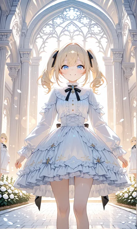 ( white theme:1.3), (Ultra fine pastel tones ), ( soft lens flare and sense of depth Cinematic lighting with).  Blonde girl with long twin tails tied with a black ribbon ,  wearing a white dress with transparent frills ,  standing in a temple garden surrou...